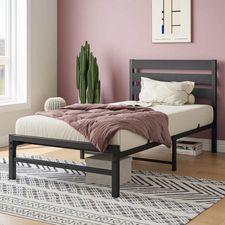 Mondawe Twin Size Platform Bed Frame with Rustic Vintage Wood Headboard, No Box Spring Needed Black