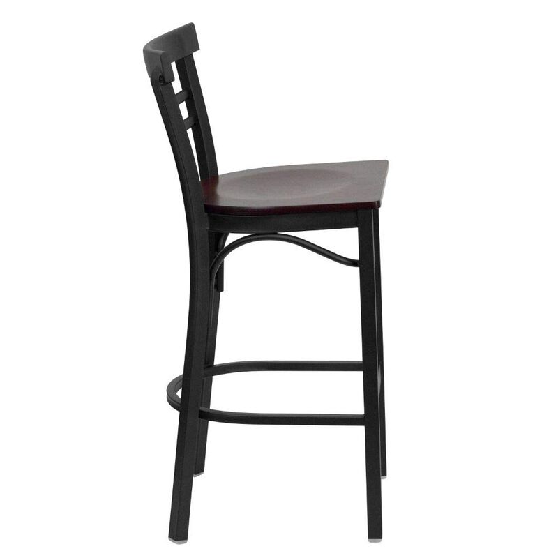 Flash Furniture HERCULES Series Black Two-Slat Ladder Back Metal Restaurant Barstool - Mahogany Wood Seat image number 3