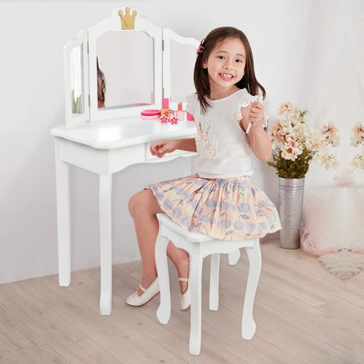 Children's Wooden Dressing Table, Crown-Style Vanity with Three-Sided Folding Mirror & Single Drawer
