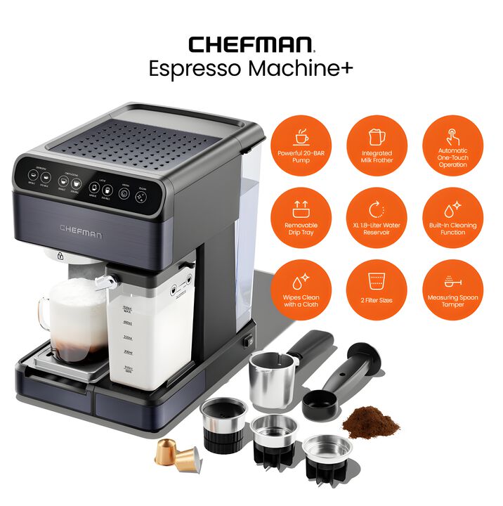 Chefman 6-in-1 Espresso Machine with Steamer, Automatic One-Touch Coffee Maker, Single or Double Shot Cappuccino Machine, Latte Maker, Espresso Maker with Milk Frother, Black