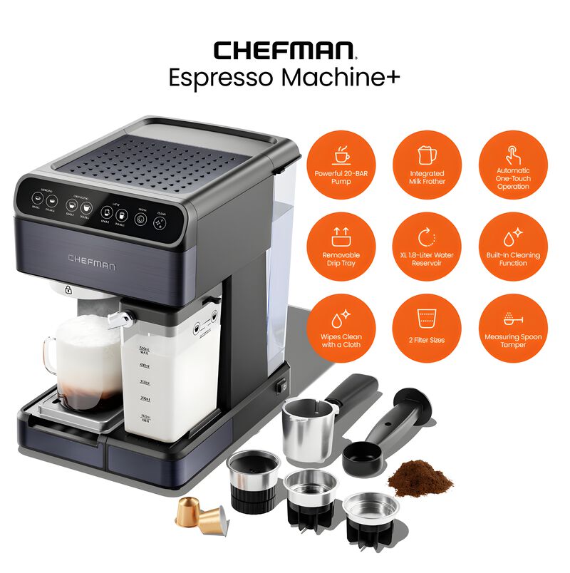 Chefman 6-in-1 Espresso Machine with Steamer, Automatic One-Touch Coffee Maker, Single or Double Shot Cappuccino Machine, Latte Maker, Espresso Maker with Milk Frother, Black image number 1