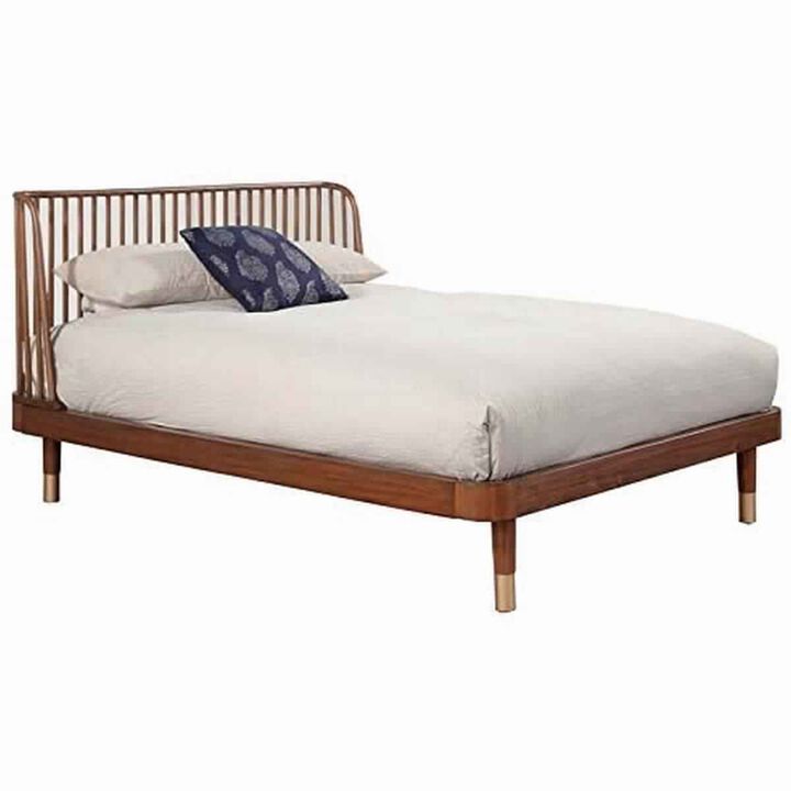California King Platform Bed with Slat Back Rattan Headboard, Brown - Benzara