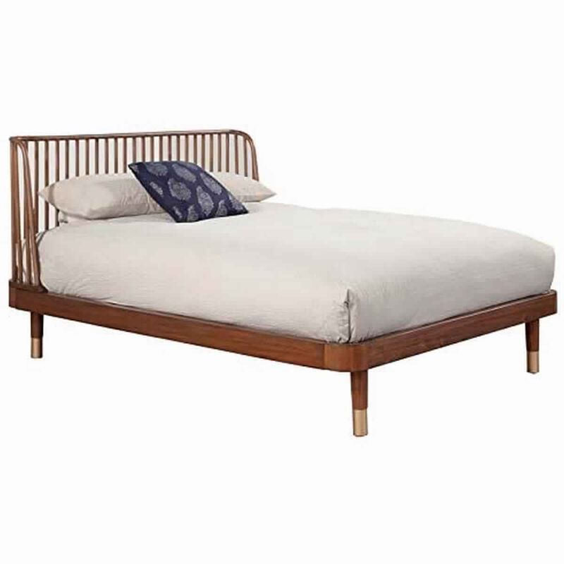 California King Platform Bed with Slat Back Rattan Headboard, Brown - Benzara