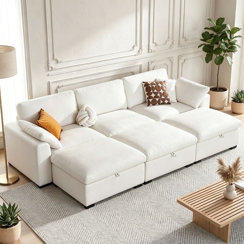 120" Modular Sectional Sleeper Sofa, 6-Seat Couch Bed with Storage Ottoman Deep Seat for Living Room image number 8
