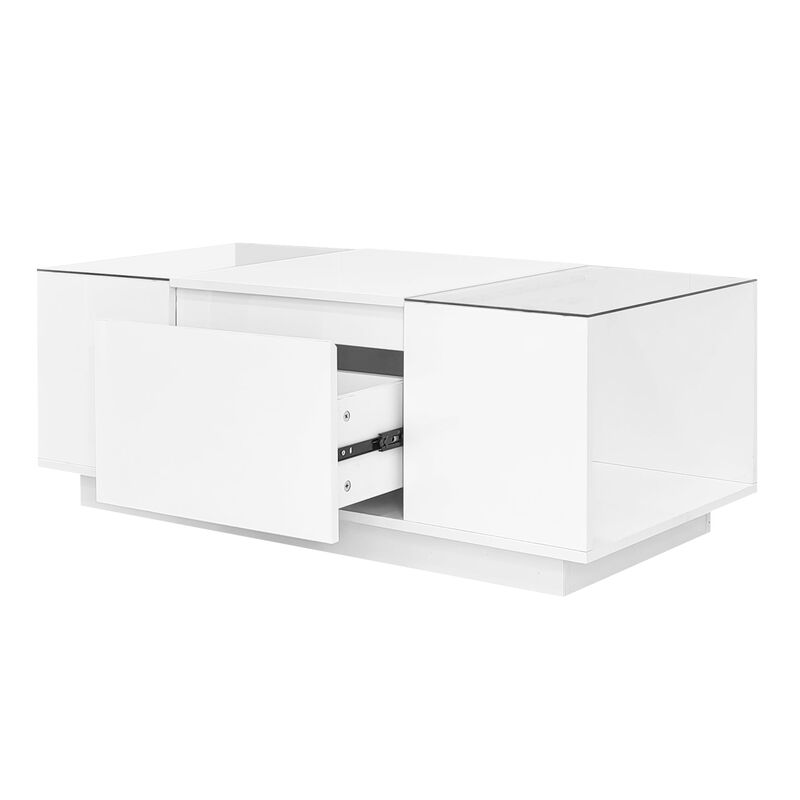 Clihome Led Coffee Table, Modern Center Table with High-Gloss Finish and Glass Tabletop image number 3
