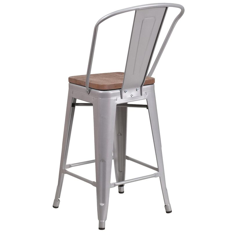 Flash Furniture Lily 24" High Silver Metal Counter Height Stool with Back and Wood Seat