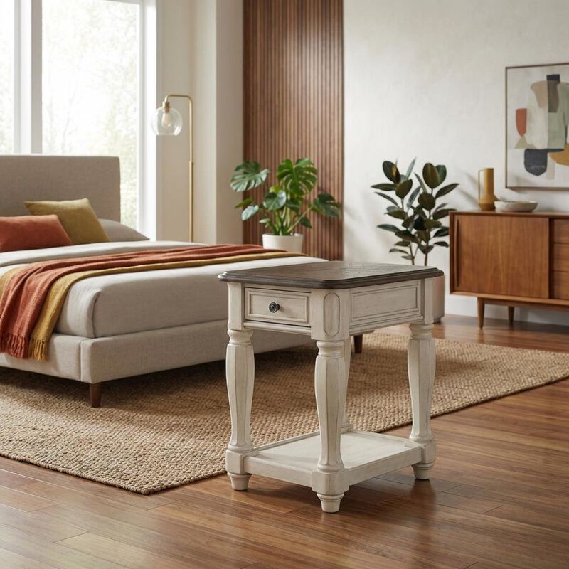 FurniFact White Accent Table with 1 Drawer &ndash; Antique Bedroom Side Table in Cottage Style image number 3