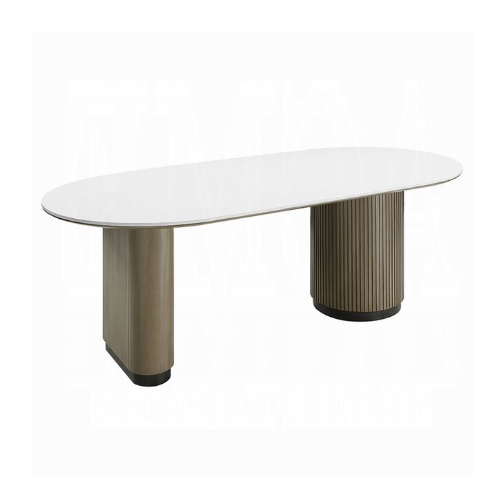Jeh Dining Table, 87 Inch White Oval Top, Dual Pedestal Base, Oak Brown