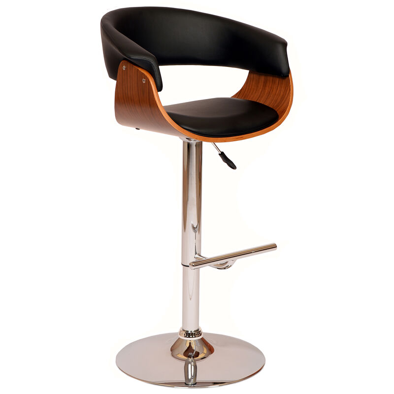 Paris Black Faux Leather Adjustable Height Swivel Walnut Wood and Chrome Stool