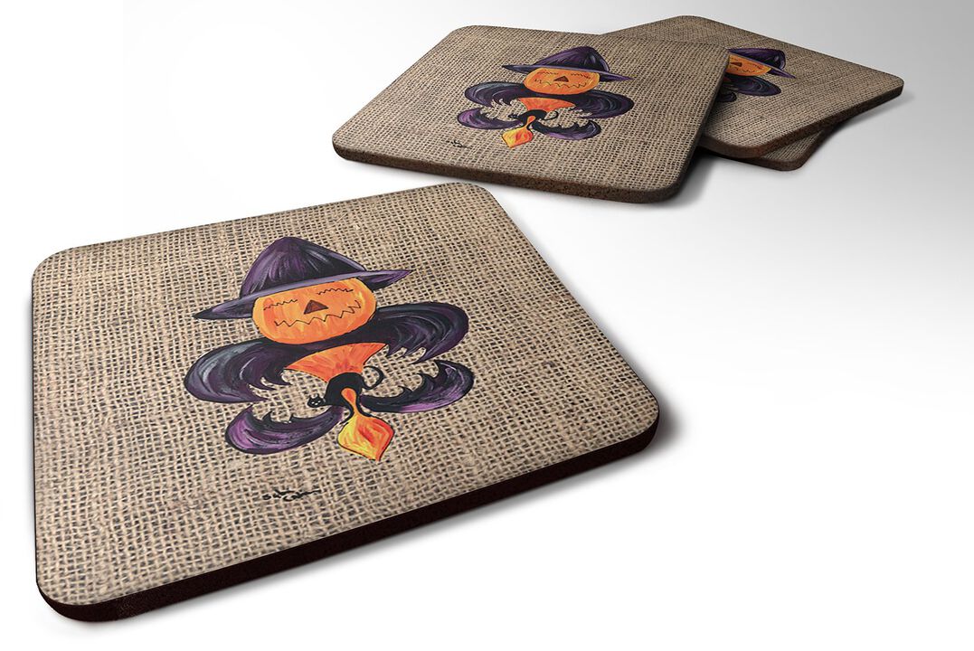 Caroline's Treasures 8748FC Halloween Pumpkin Bat Fleur de lis Foam Coasters (Set of 4), 3.5 H x 3.5 W, Multicolor