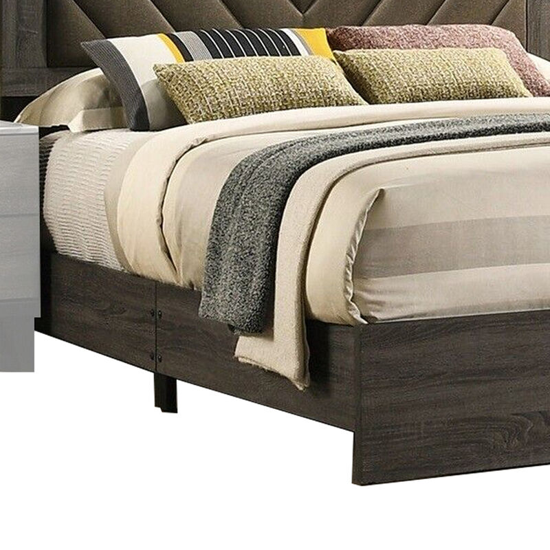 Cato Upholstered Queen Size Bed, Chevron Tufted Brown Headboard, Dark Gray  - Benzara