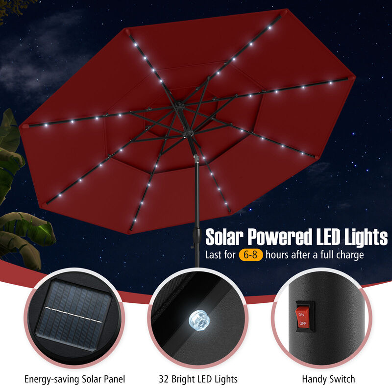 Solar Patio Umbrella with 32 LED Lights 3-Tier Vented Top