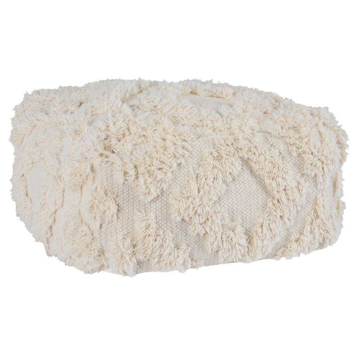 24 Inch Cotton Accent Pouf, Handwoven Textured Geometric Shag, Off White - Benzara