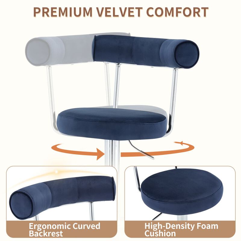 Set of 2 swivel bar stools, velvet upholstered adjustable height bar chair with open back, chrome base counter stools with footrest image number 4