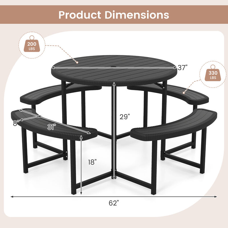 Round Picnic Table Set with 4 Benches and Umbrella Hole &ndash; Outdoor Patio Dining