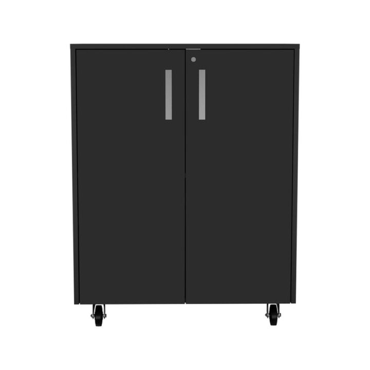 Storage Cabinet, Casters, Double Door, Two Interior Shelves -Black