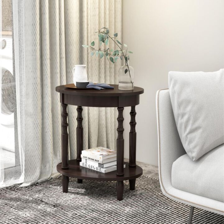 Hivvago 2-Tier Oval Side Table with Storage Shelf and Solid Wood Legs