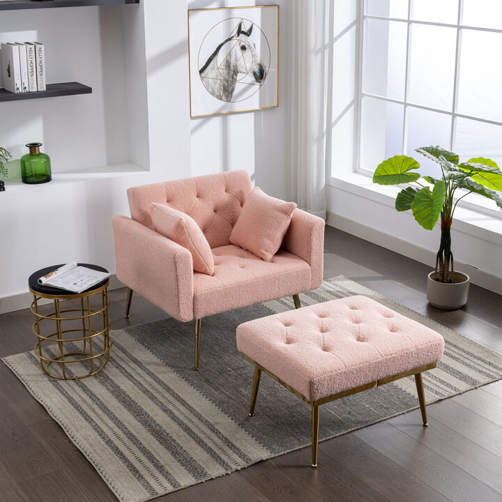 36.61" Wide Modern Accent Chair With 3 Positions Adjustable Backrest, Tufted Chaise Lounge Chair, Single Armchair With Ottoman And Gold Legs For Living Room, Bedroom (Pink)