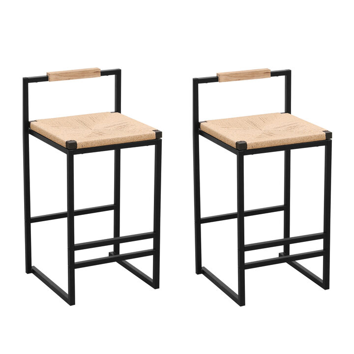Set of 2 Bar Stools with Back Paper Rope Woven Counter Height Dining Chairs for Kitchen, Home (Paper Rope with Back)