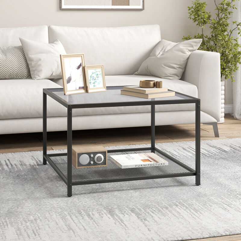 Modern 2-Tier Square Glass Coffee Table with Mesh Shelf