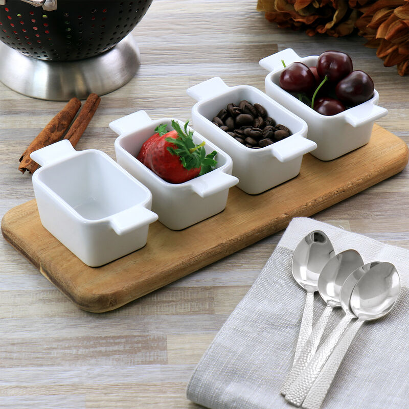 Gibson Elite Gracious Dining 5 Piece Fine Ceramic Tidbit Dish Set with Acacia Wood Base