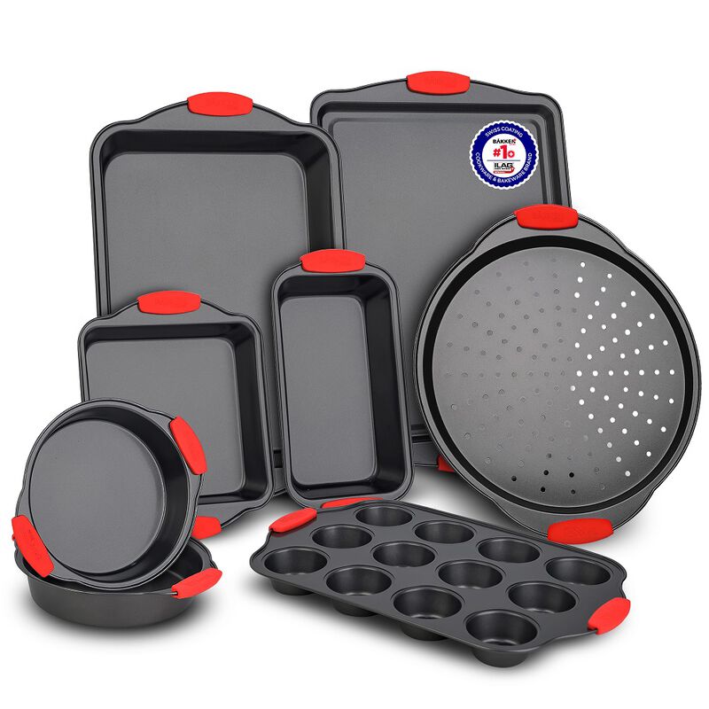 BAKKENMASTER Baking Set – 8 Piece Kitchen Oven Bakeware Set – Deluxe Non-Stick Black Coating Inside and Outside – Carbon Steel – Red Silicone Handles – PFOA PFOS and PTFE Free by Bakken