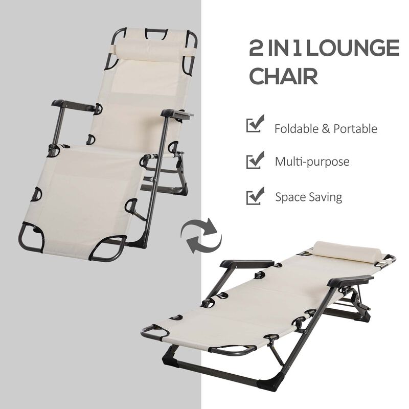Outdoor Folding Patio Chaise Lounger Armchair Recliner w/ Padded Headrest, Cream