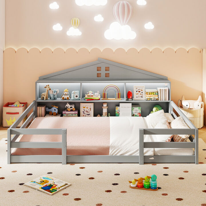 Full Montessori Floor Bed Frame with Built-In Storage and Shelf