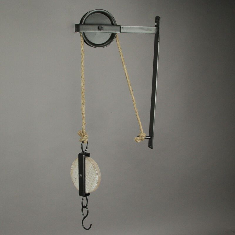 Rustic Vintage Style Metal And Wood Pulley And Hook Wall Hanging image number 3