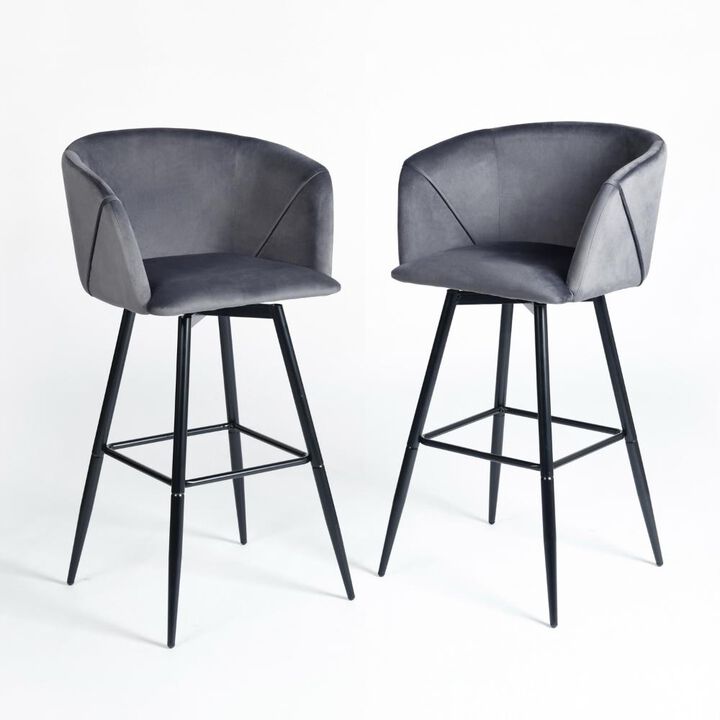 Hivvago Set of Two 28 Inch Gray And Black Velvet And Steel Low Back Bar Height Bar Chairs
