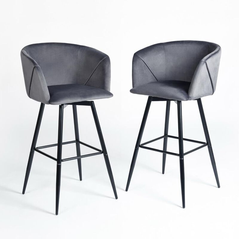 Hivvago Set of Two 28 Inch Gray And Black Velvet And Steel Low Back Bar Height Bar Chairs