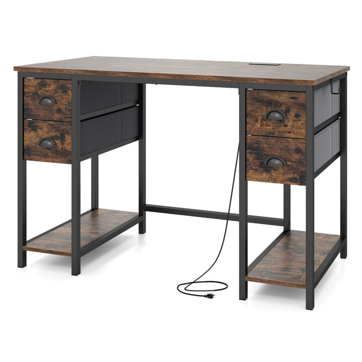 Home Office Computer Desk with Charging Station & 4 Fabric Drawers, Study Work Desk