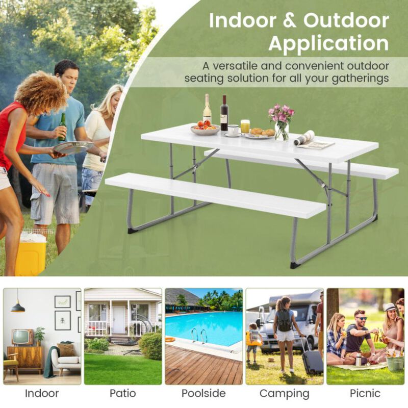 Hivvago Folding Picnic Table Set with Metal Frame and All-Weather HDPE Tabletop, Umbrella Hole