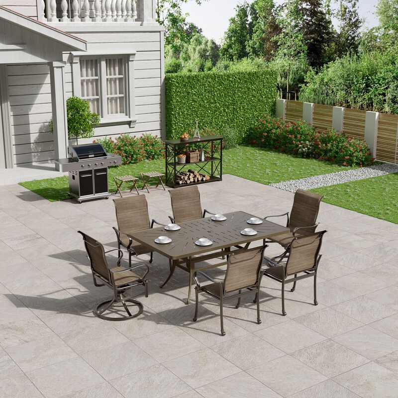 Mondawe 7 Pieces Cast Aluminum Outdoor Patio Dining Set with 2 Swivel Chair & 4 Armchairs & 1 Rectangle Table