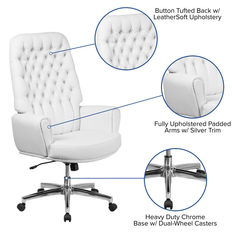Rochelle High Back Traditional Tufted White LeatherSoft Executive Swivel Office Chair with Arms image number 3