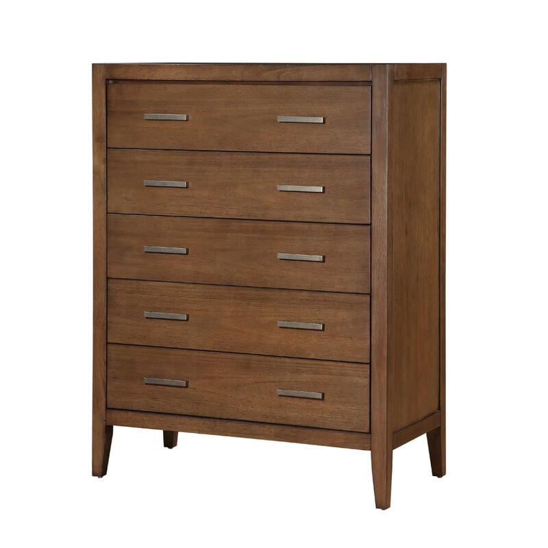 Evi Tall Dresser Chest, 5 Drawers, Brushed Rich Brown, Brass Pulls