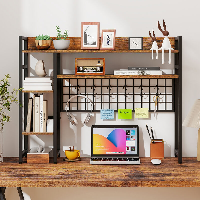 4-Tier Office Desk Shelf with Metal Grid Panel and Multiple Hooks image number 2