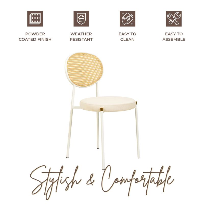 LeisureMod Velvet/Leather Dining Chair Rattan Back Side Chair Comfortable Kitchen Chair with Stainless Steel Base Euston Collection, Set of 4