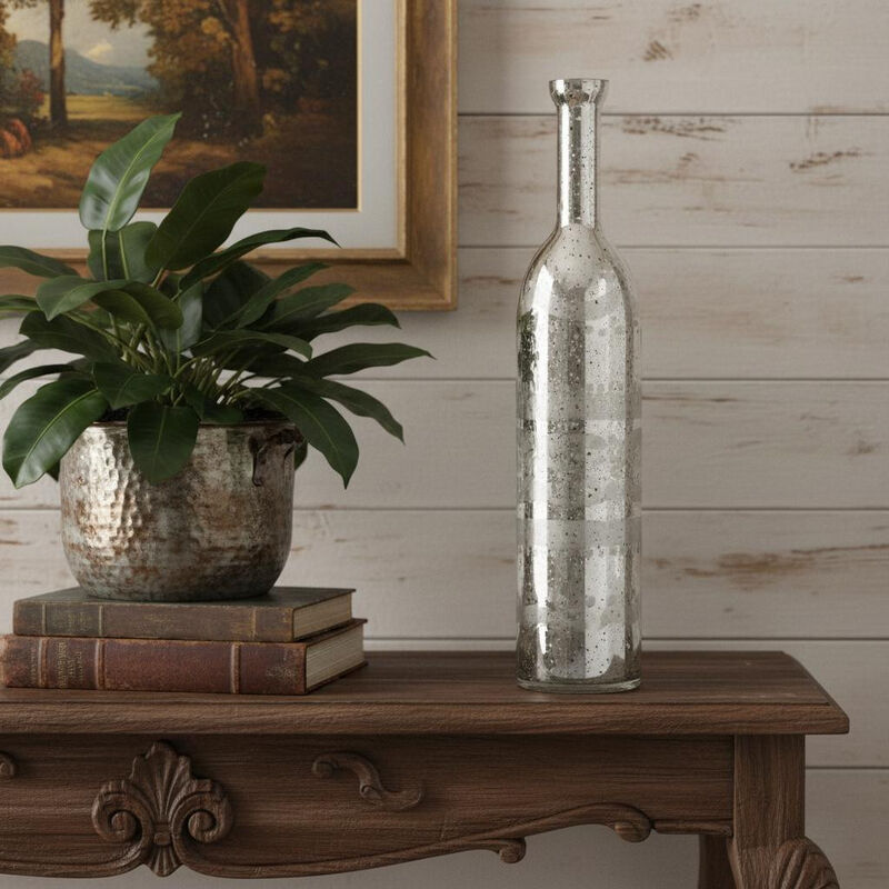 HomeRoots 25" Antiqued Silver Floral Glass Bottle Table Vase image number 1