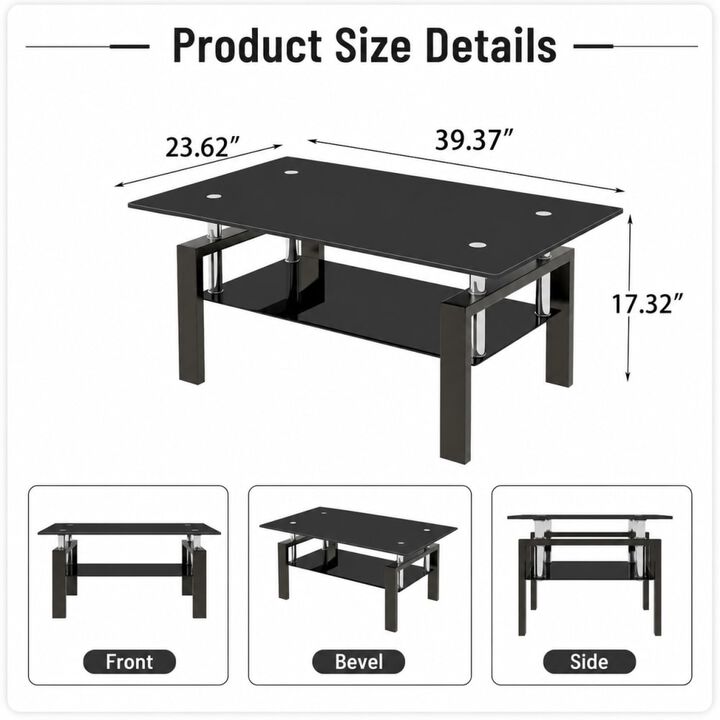 GOODSILO Modern 2-Layer Glass Coffee Table with Sleek Waterfall Edges, Space-Saving Accent Furniture for Living Room, Office & Reception Areas