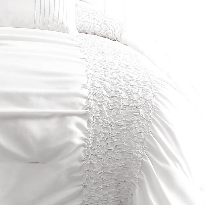 4 Piece Twin Comforter Set with Ruching Details, White - Benzara