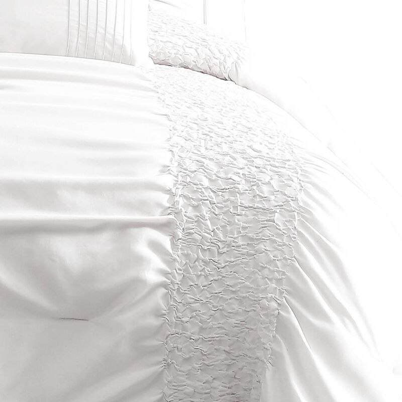 4 Piece Twin Comforter Set with Ruching Details, White - Benzara
