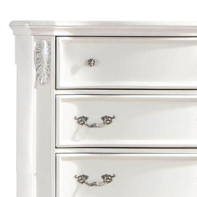Prio Tall Dresser Chest, 5 Drawers, Classic Wood Carvings, Pearl White