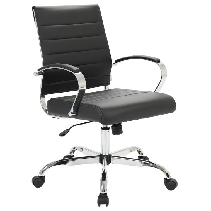LeisureMod Benmar Mid-Back Office Chair, Leather Upholstery with Swivel, Tilt, and Chrome Base, Modern Desk Seating for Home Office or Conference Room
