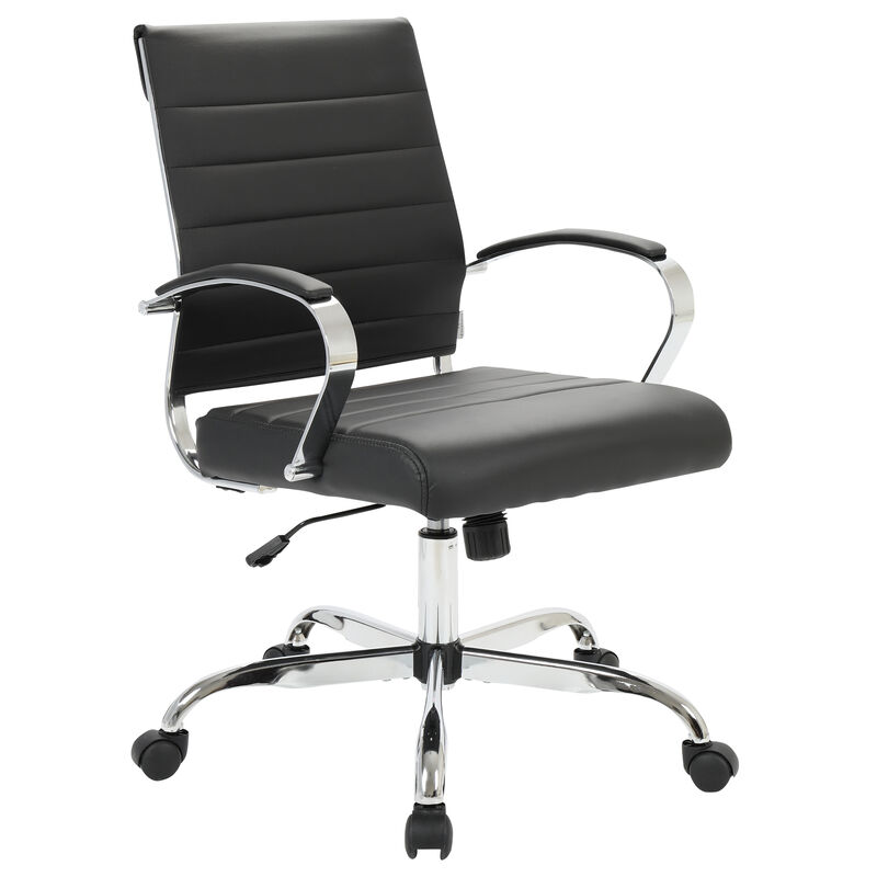 LeisureMod Benmar Mid-Back Office Chair, Leather Upholstery with Swivel, Tilt, and Chrome Base, Modern Desk Seating for Home Office or Conference Room