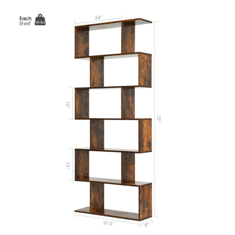Hivvago 6 Tier S-Shaped Bookshelf Storage Display Bookcase Decor Z-Shelf