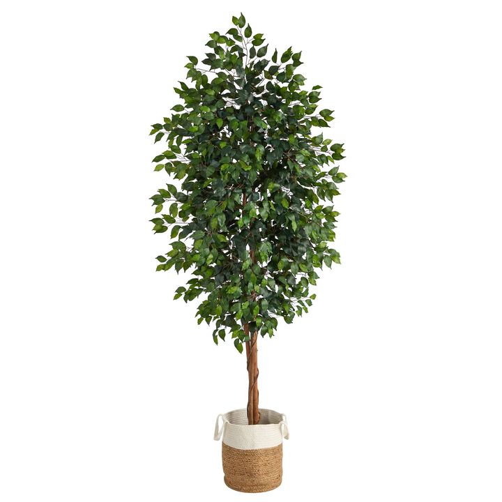 Nearly Natural 8-ft Ficus Tree with Handmade Natural Jute and Cotton Planter