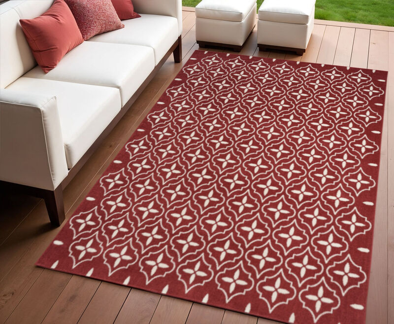 HomeRoots 4' X 6' Brick Red And Ivory Geometric Indoor Outdoor Area Rug image number 1