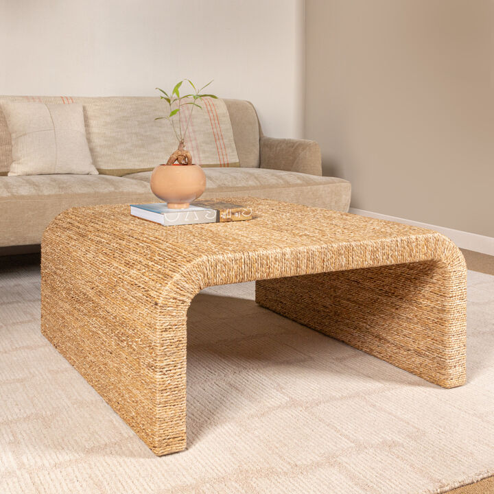 Woven Water Hyacinth & Acacia Wood Coffee Table with Waterfall Edge, Small