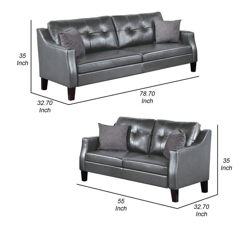 Hera 2 Piece Sofa and Loveseat Set, 4 Pillows, Classic Gray Faux Leather-Benzara image number 5